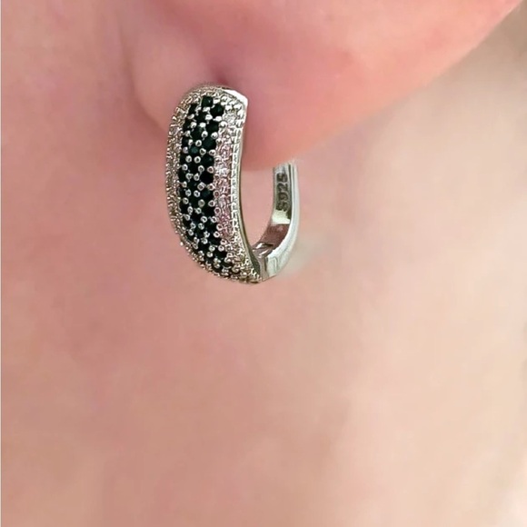 Sterling Silver Black Hoop Earring Simulated diamonds Black gothic Sparkly - Picture 7 of 15